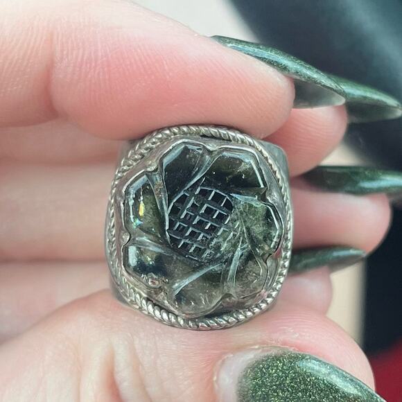 Vintage Carved Pale Green Flower Stone Wide Band Chunky 925 Sterling Silver Ring - Picture 5 of 14